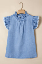 Load image into Gallery viewer, Blue Frilled Collar Flutter Sleeve Denim Top