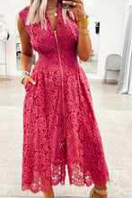 Load image into Gallery viewer, Coral Floral Lace Overlay Zip Up V Neck Smocked Waist Sleeveless Dress