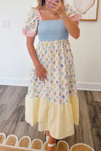 Load image into Gallery viewer, Multicolour Floral Print Striped Color Block Patchwork Square Neck Shirred Long Dress
