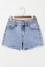 Load image into Gallery viewer, Beau Blue Rhinestone Light Wash Raw Hem High Waist Denim Shorts