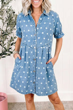 Load image into Gallery viewer, Sky Blue Polka Dot Print Ruffled Short Puff Sleeve Button Down Loose Denim Dress