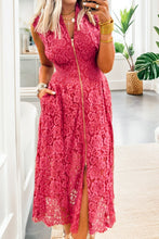 Load image into Gallery viewer, Coral Floral Lace Overlay Zip Up V Neck Smocked Waist Sleeveless Dress