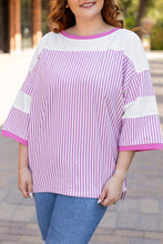 Load image into Gallery viewer, White Stripe Patchwork Bracelet Sleeve Plus Size T Shirt