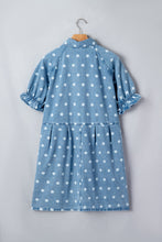 Load image into Gallery viewer, Sky Blue Polka Dot Print Ruffled Short Puff Sleeve Button Down Loose Denim Dress