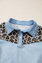 Load image into Gallery viewer, Myosotis Denim Color Block Leopard Patchwork Shirt Collar T Shirt Mini Dress