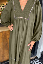 Load image into Gallery viewer, Green Collared V Neck Smocked Detail Contrast Leopard Trim Long Dress