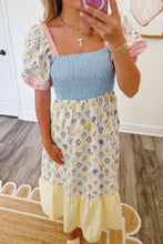 Load image into Gallery viewer, Multicolour Floral Print Striped Color Block Patchwork Square Neck Shirred Long Dress
