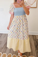 Load image into Gallery viewer, Multicolour Floral Print Striped Color Block Patchwork Square Neck Shirred Long Dress