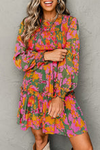 Load image into Gallery viewer, Multicolour Floral Print Long Sleeve Smocked Ruffled Mini Dress