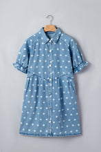 Load image into Gallery viewer, Sky Blue Polka Dot Print Ruffled Short Puff Sleeve Button Down Loose Denim Dress