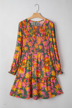 Load image into Gallery viewer, Multicolour Floral Print Long Sleeve Smocked Ruffled Mini Dress