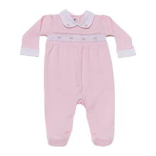 Load image into Gallery viewer, Girl Jacquard Pink Pima Cotton Smocked Footed Romper
