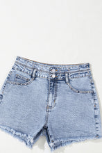 Load image into Gallery viewer, Beau Blue Rhinestone Light Wash Raw Hem High Waist Denim Shorts
