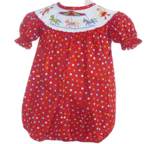Load image into Gallery viewer, Red Colorful Polka Dot Hand-Smocked Bubble Featuring CAROUSEL HORSES