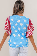 Load image into Gallery viewer, Sky Blue Vintage Star Print Striped Ruffle Sleeve Independence Day Top