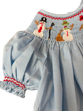 Load image into Gallery viewer, Light Blue Gingham Hand-Smocked Short Sleeve Dress SNOWMEN