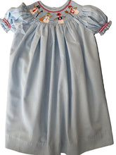 Load image into Gallery viewer, Light Blue Gingham Hand-Smocked Short Sleeve Dress SNOWMEN