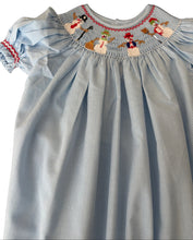 Load image into Gallery viewer, Light Blue Gingham Hand-Smocked Short Sleeve Dress SNOWMEN
