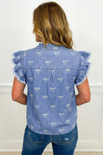 Load image into Gallery viewer, Blue Frilled Collar Flutter Sleeve Denim Top