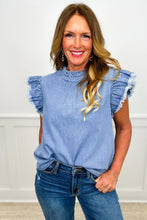 Load image into Gallery viewer, Blue Frilled Collar Flutter Sleeve Denim Top