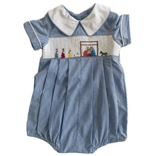Load image into Gallery viewer, Blue Gingham Hand-Smocked Christmas Nativity Bubble With Peter Pan Collar