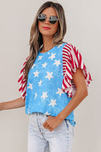 Load image into Gallery viewer, Sky Blue Vintage Star Print Striped Ruffle Sleeve Independence Day Top