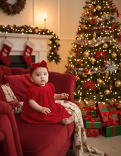 Load image into Gallery viewer, Red Short Sleeve Dress with Pearl Smocked Details