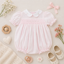 Load image into Gallery viewer, Petit Ami Hand Embroidered Pale Pink Smocked Bubble with Collar