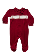 Load image into Gallery viewer, Red Smocked Pima Cotton Collared Footed Infant Romper