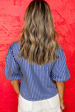 Load image into Gallery viewer, Blue Stripe Bow Front Puff Short Sleeve Blouse
