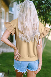 Parchment Ribbon Bow Ruffle Sleeve Round Neck Top