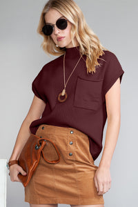 Pocket Ribbed Knit Short Sleeve Sweater
