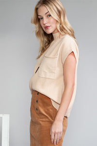 Pocket Ribbed Knit Short Sleeve Sweater