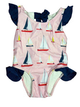 Load image into Gallery viewer, Sailboat Print Girls Swimsuit, Pink and Navy
