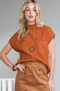 Pocket Ribbed Knit Short Sleeve Sweater