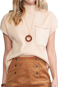 Pocket Ribbed Knit Short Sleeve Sweater