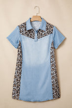 Load image into Gallery viewer, Myosotis Denim Color Block Leopard Patchwork Shirt Collar T Shirt Mini Dress
