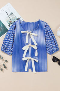 Blue Stripe Bow Front Puff Short Sleeve Blouse