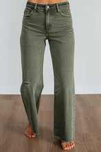 Load image into Gallery viewer, Green Slight Distressed Raw Edge Wide Leg Jeans
