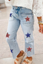 Load image into Gallery viewer, Beau Blue Patriotic Sequin Stars Patch Pocket Shift Jeans
