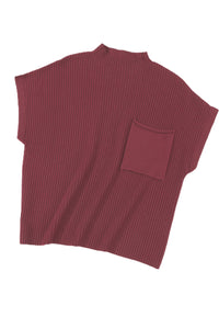 Pocket Ribbed Knit Short Sleeve Sweater