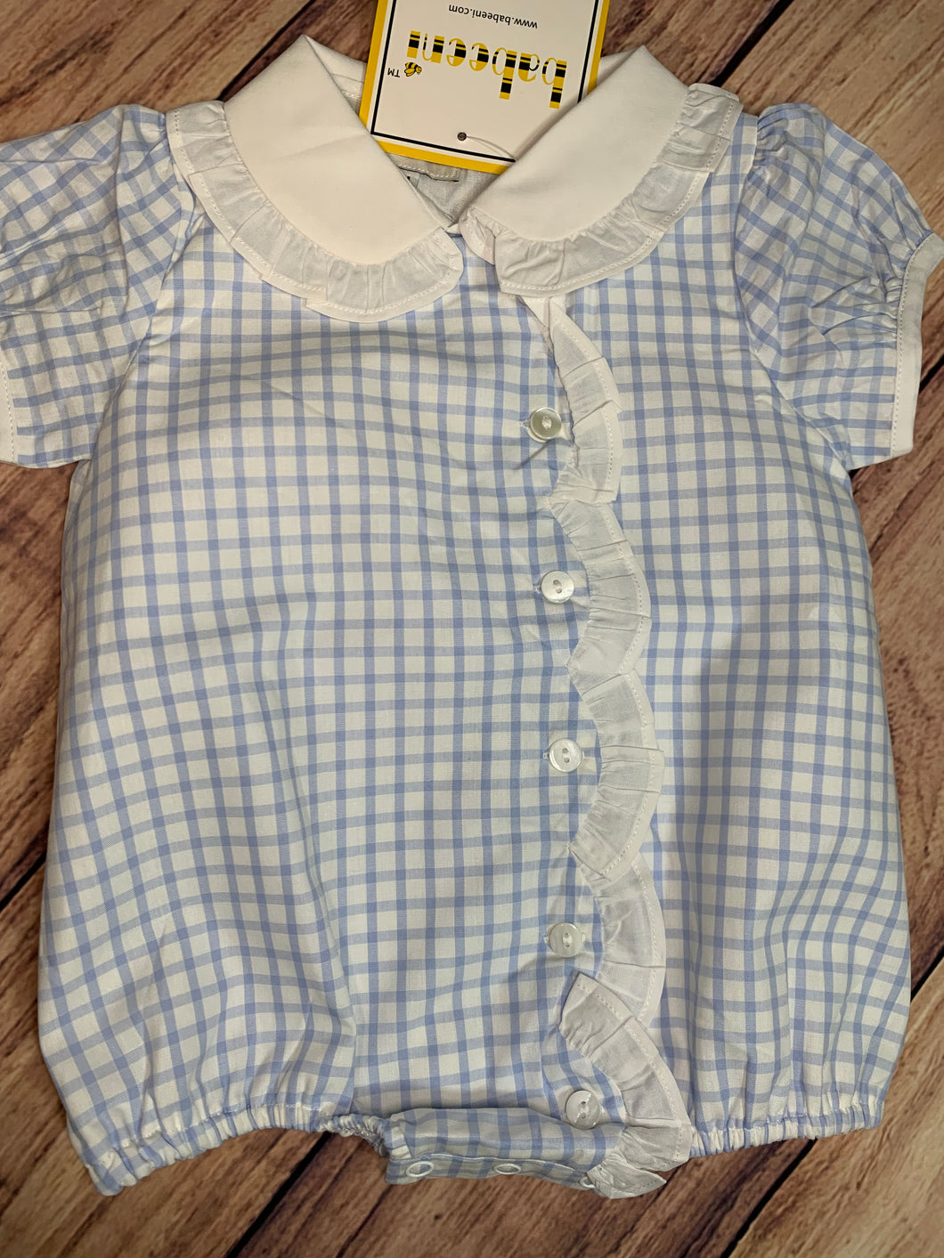 Blue Windowpane Ruffled Bubble with Peter Pan Collar