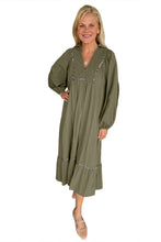 Load image into Gallery viewer, Green Collared V Neck Smocked Detail Contrast Leopard Trim Long Dress
