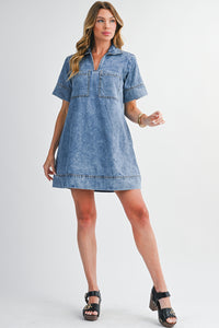 Beau Blue Short Sleeve Collared Chest Pocket Denim Mini Dress