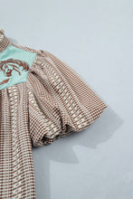 Load image into Gallery viewer, Red Western Pony Embroidered Yoke Puff Sleeve Gingham Blouse
