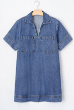 Load image into Gallery viewer, Beau Blue Short Sleeve Collared Chest Pocket Denim Mini Dress
