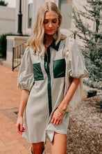 Load image into Gallery viewer, Green Patch Pockets Button Down Short Puff Sleeve Dress
