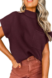 Pocket Ribbed Knit Short Sleeve Sweater