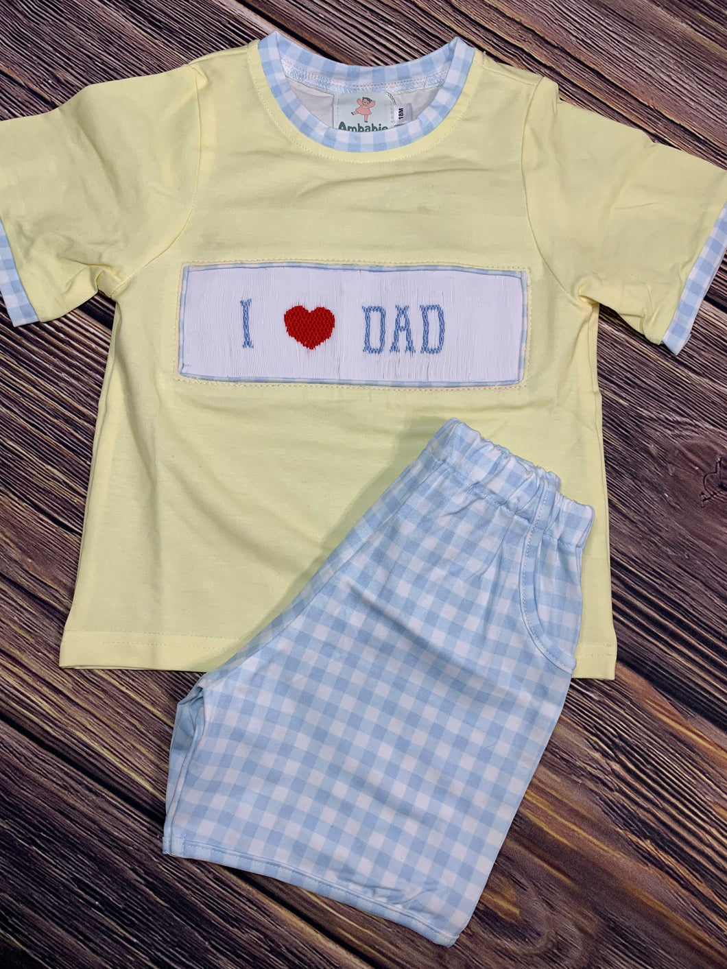I Love Dad Hand Smocked Yellow and Blue Boys Knit Short Set