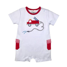 Load image into Gallery viewer, Petit Ami Fire Truck Applique Knit Romper
